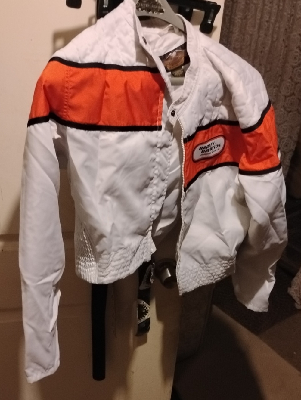 Harley-Davidson Women's White and Orange Zip Striped Crop Racing Jacket